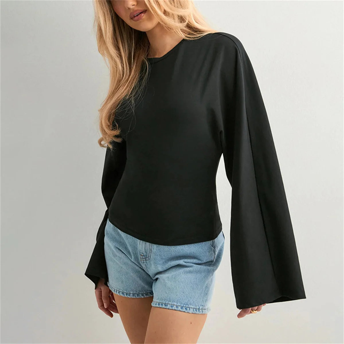 Women Solid Color Round Neck Front Shoulder Wide Long Sleeves Cinched Waist Slim Crop Top Daily Casual Simple Versatile Tops