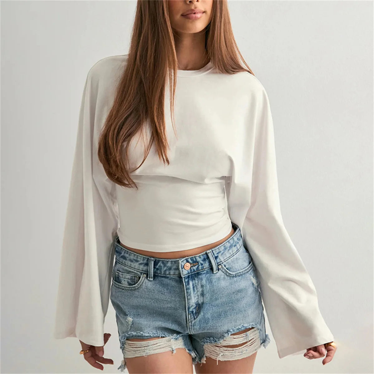 Women Solid Color Round Neck Front Shoulder Wide Long Sleeves Cinched Waist Slim Crop Top Daily Casual Simple Versatile Tops