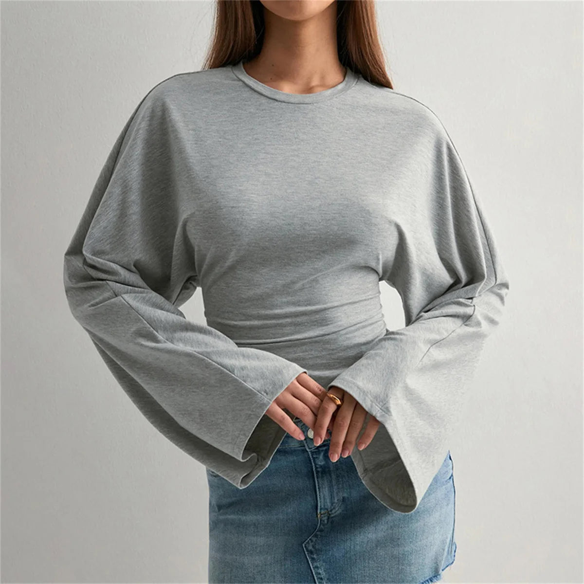 Women Solid Color Round Neck Front Shoulder Wide Long Sleeves Cinched Waist Slim Crop Top Daily Casual Simple Versatile Tops