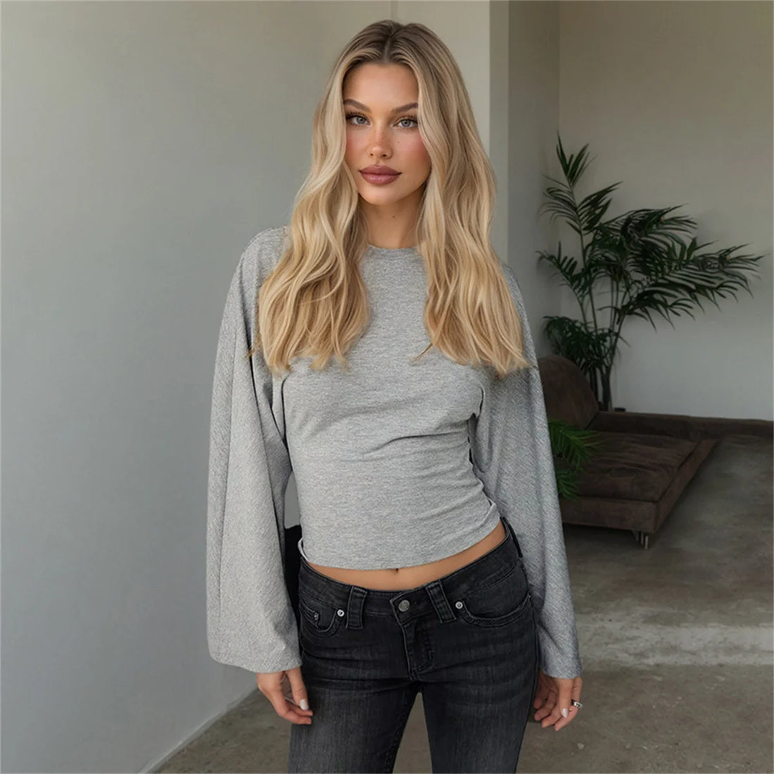 Women Solid Color Round Neck Front Shoulder Wide Long Sleeves Cinched Waist Slim Crop Top Daily Casual Simple Versatile Tops