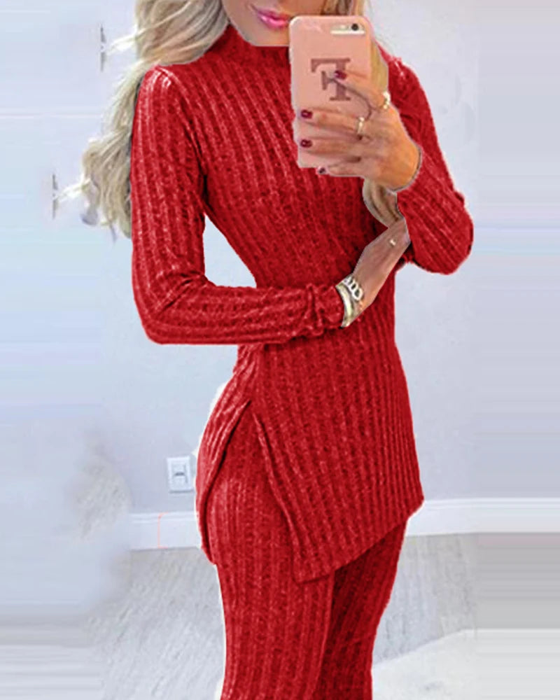 Fall Winter Knitted 2 Piece Suits Women Long Sleeve Ribbed Slit Long Top and High Waist Pencil Pants Set Fashion Outfit