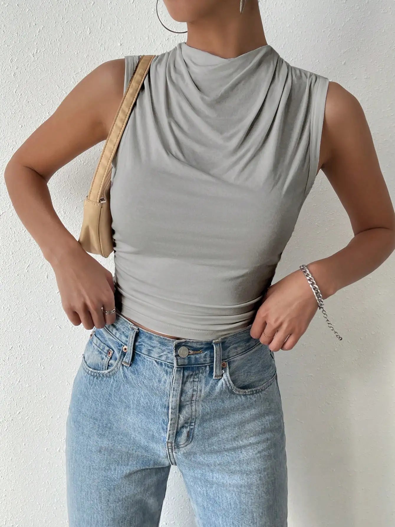 Women's Casual Pleated Design Top Summer Fashion Street Style Solid Color Slim Half High Neck Sleeveless T-Shirt Top