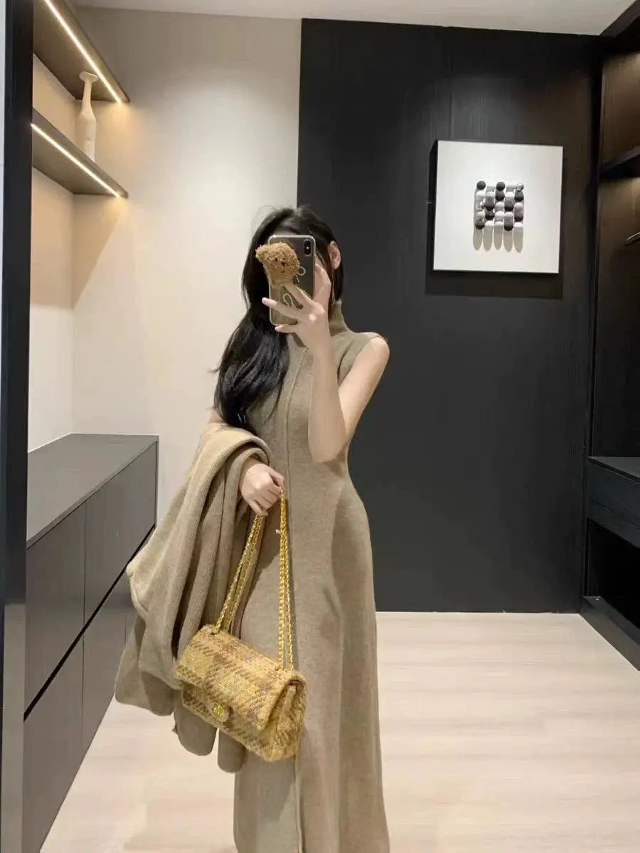 Knitted Cardigan Sleeveless Turtleneck Dress Two-Piece Set for Women Autumn Winter New Warm Mid-Length Sweater Coat Set