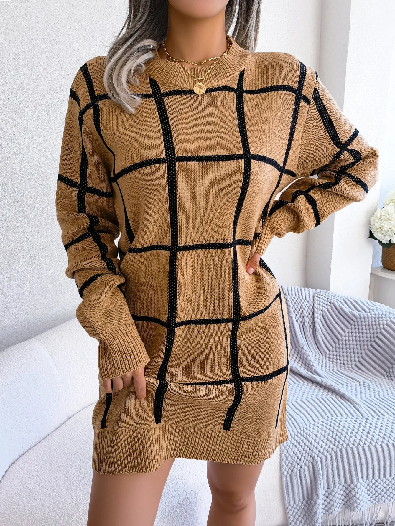 Women Casual Plaid Long Sleeve Knitted Sweater Dress Autumn Winter Clothes Without The Belt