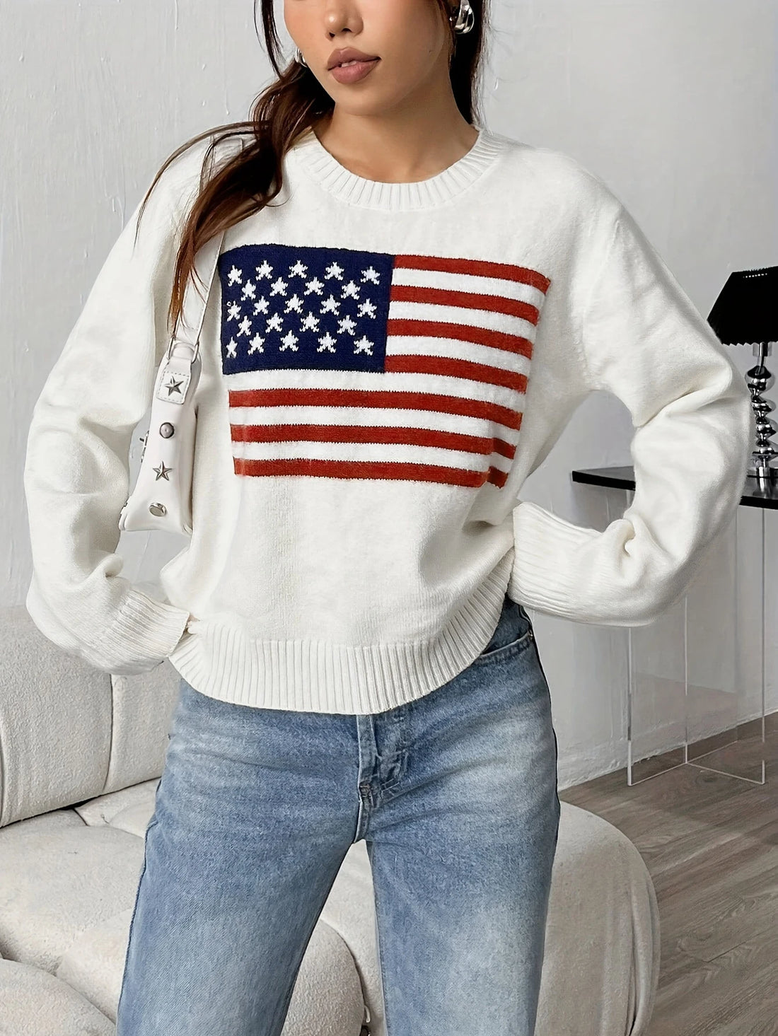 Autumn and Winter New Fashion Woman Sweater Flag Knit Sweater Women's Elegant Casual Collar Long Sleeve Sweater Top