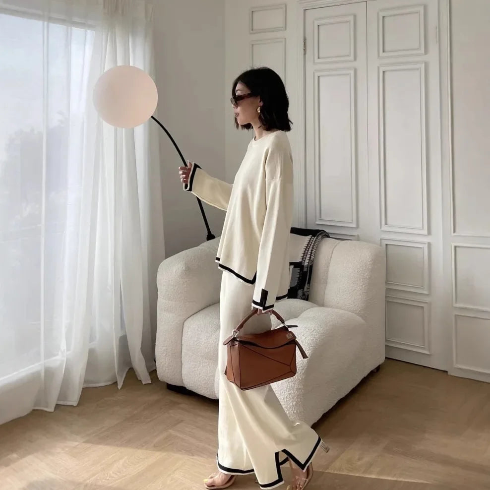 Autumn Collection Elegant Color Blocking Side Slit Long Sleeve Knitted Top High-Waisted Slimming Bell Bottom Trousers Two-P