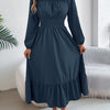Autumn and Winter Casual Elegant Solid Color Round Neck Long Sleeved Waist Cinched Lotus Leaf Edge Dress Women Clothing