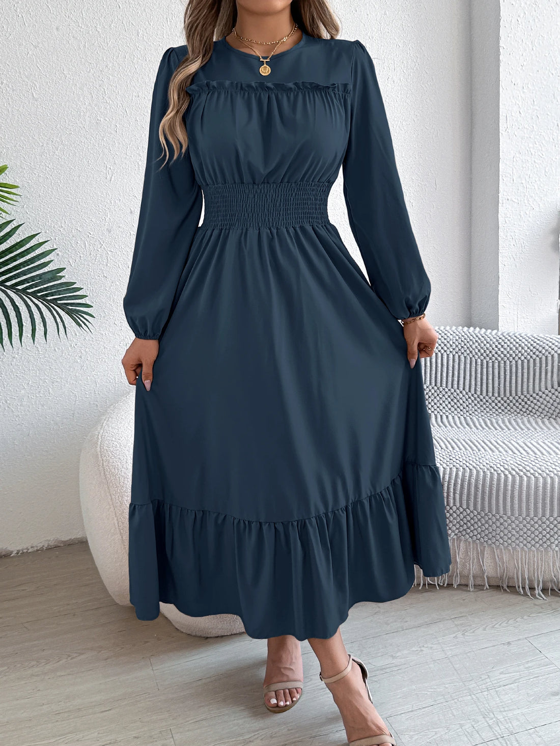 Autumn and Winter Casual Elegant Solid Color Round Neck Long Sleeved Waist Cinched Lotus Leaf Edge Dress Women Clothing