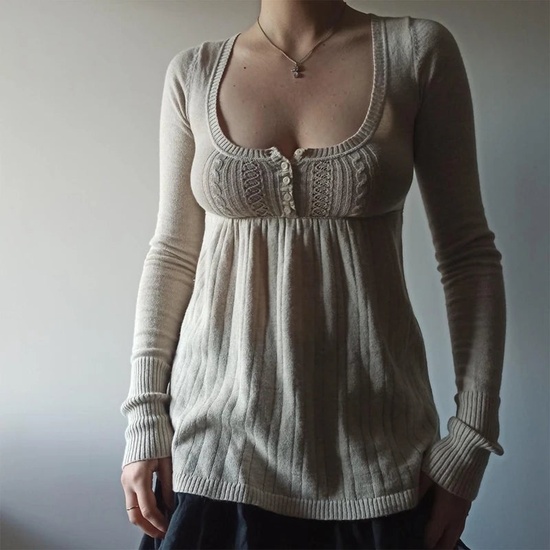 2000s Vintage Long Sleeve Babydoll Knitted Sweater Tops Cottage Milkmaid Pullovers Aesthetic Grunge Y2k Knitwear T-shirts Women