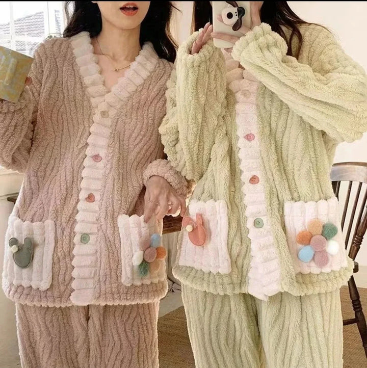 Thickened Warm Flannel Women Sleepwear Loungewear Cardigan Suit Winter Sweet Kawaii Soft Fairy Wind Ladies Pajamas Homewear