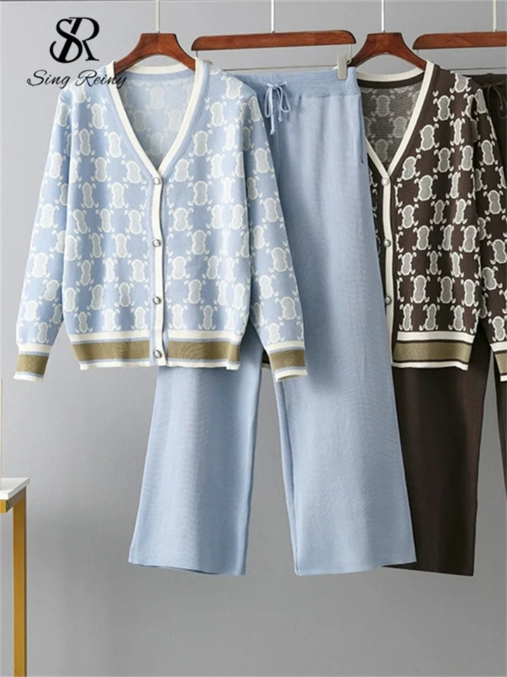 SINGREINY Autumn Two Piece Suits Women V Neck Basics Print Top+Elastic Long Pants Harajuku Casual Knit Sweater Warm Sets