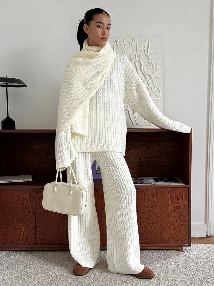 Blubelle Women's New Autumn Winter Fashion Cable Knit Sweater Wide Leg Pants Set Soft Wool Blend High Neck Pullover Loose Fit