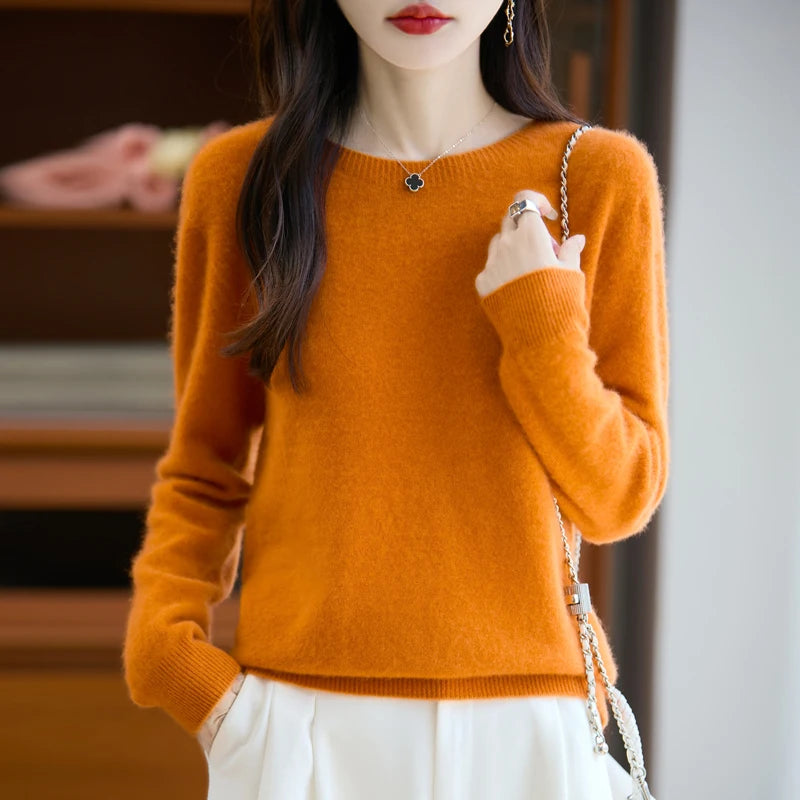 Autumn Winter Women 100% Merino Wool Sweater O-Neck Cashmere Pullover Basic Fashion Clothing Comfort Warm Top Casual Solid