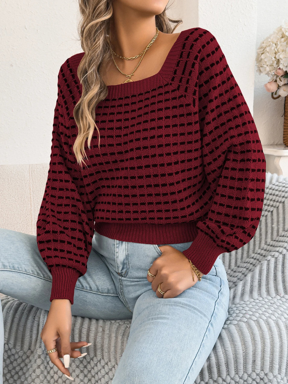 Women's Contrast Color Plaid Striped Sweaters 2025 Autumn Winter Casual Square Neck Lantern Long Sleeve Knitted Tops Orange Red
