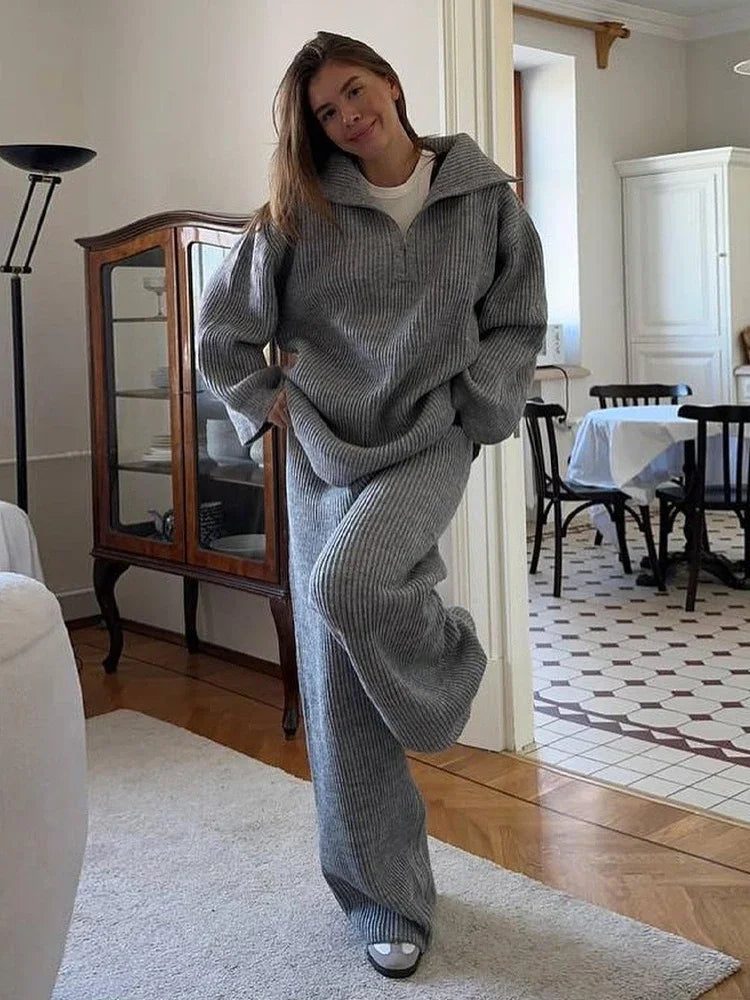 Wolfeel Women's New Autumn Winter Collared Half Zip Ribbed Knit 2-Piece Set Oversized Wide Leg Pants Fashion Sweater Suit