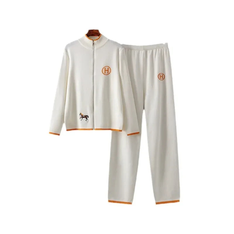 Creative Cross-Border New Product Long Sleeve Knitted Outerwear And Casual Knitted Long Pants Two-Piece Set Embroidered Horse Sp
