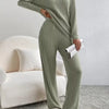Autumn Winter Ribbed Knit Two Piece Set Womens V Neck Long Sleeve Top Wide Leg Pants Loungewear Casual Solid Color Outfit