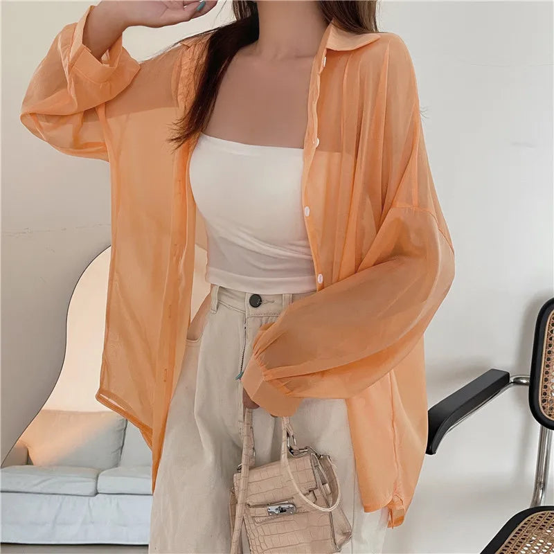 Semi Sheer Long Sleeve Shirt for Women Shimmer Button Down Collared Plain Lightweight Shirt Spring Summer Chic Tops Outfit