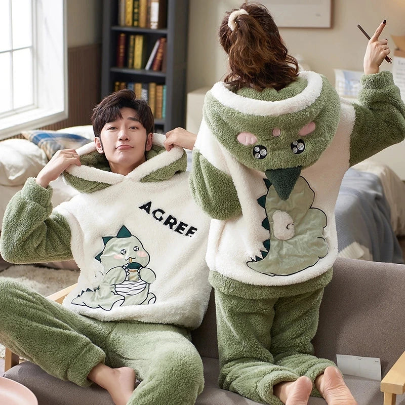 Couples Pajamas Women Men Winter Thicken Pyjamas Sleepwear Cartoon Dinosaur Korean Lovers Homewear Soft Warm Hoodies Pijama