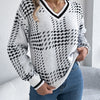 Women's V Neck Color Block Girds Striped Sweaters for Autumn Winter Casual V Neck Lantern Long Sleeve Knitted Pullover Warm Tops
