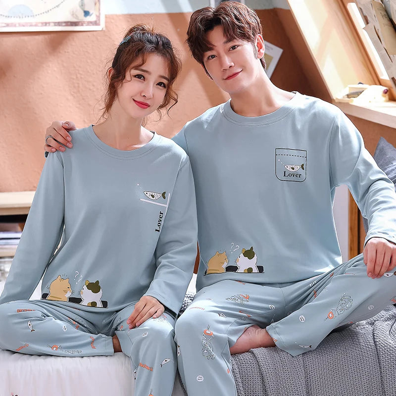 Couple's Pijama Sets M-3XL Autumn Spring Pajamas Lovely Cartoon Sleepwear Cotton Pyjamas For Women Man Top Pant Leisure Outwear
