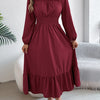 Autumn and Winter Casual Elegant Solid Color Round Neck Long Sleeved Waist Cinched Lotus Leaf Edge Dress Women Clothing
