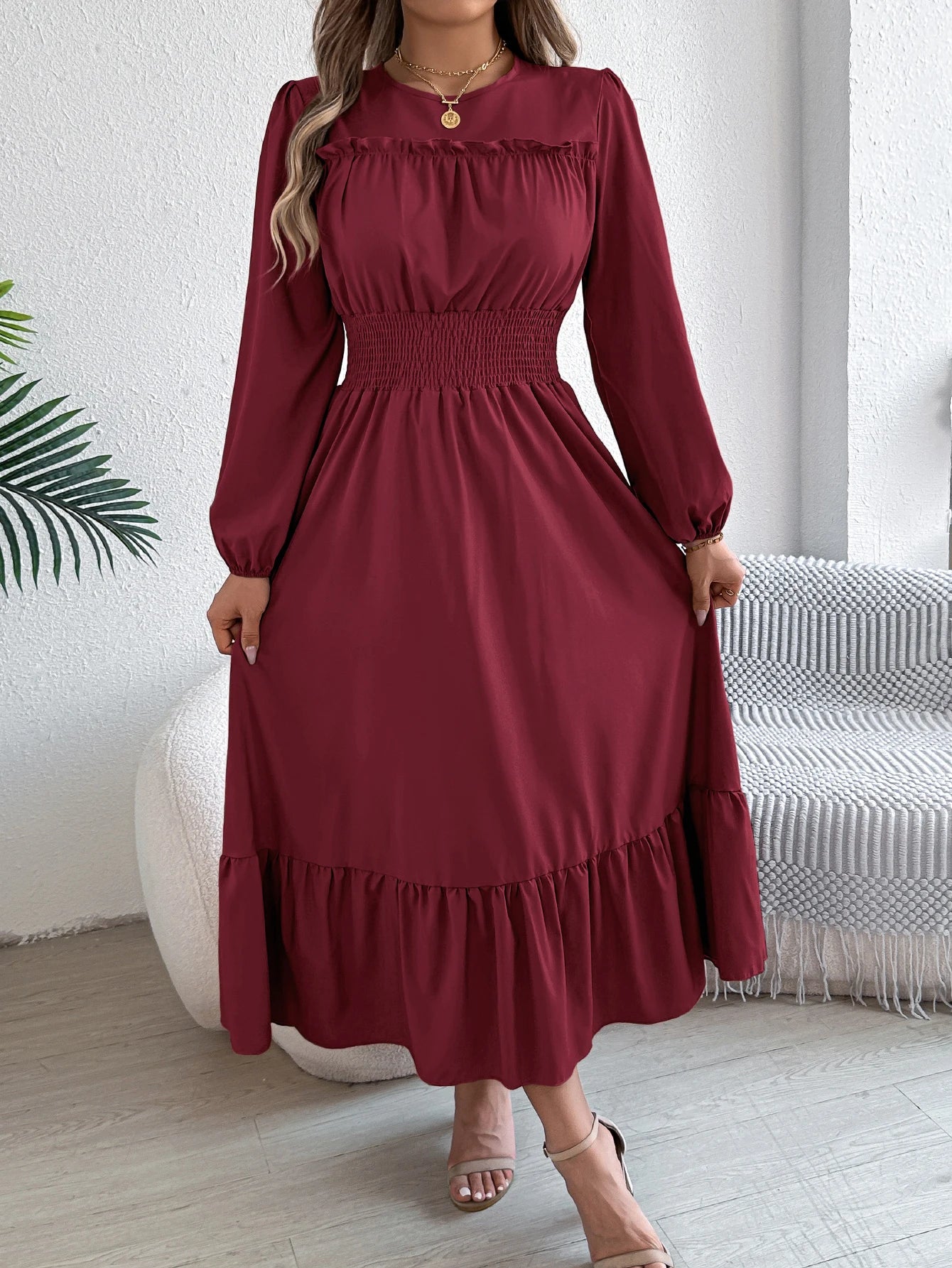 Autumn and Winter Casual Elegant Solid Color Round Neck Long Sleeved Waist Cinched Lotus Leaf Edge Dress Women Clothing