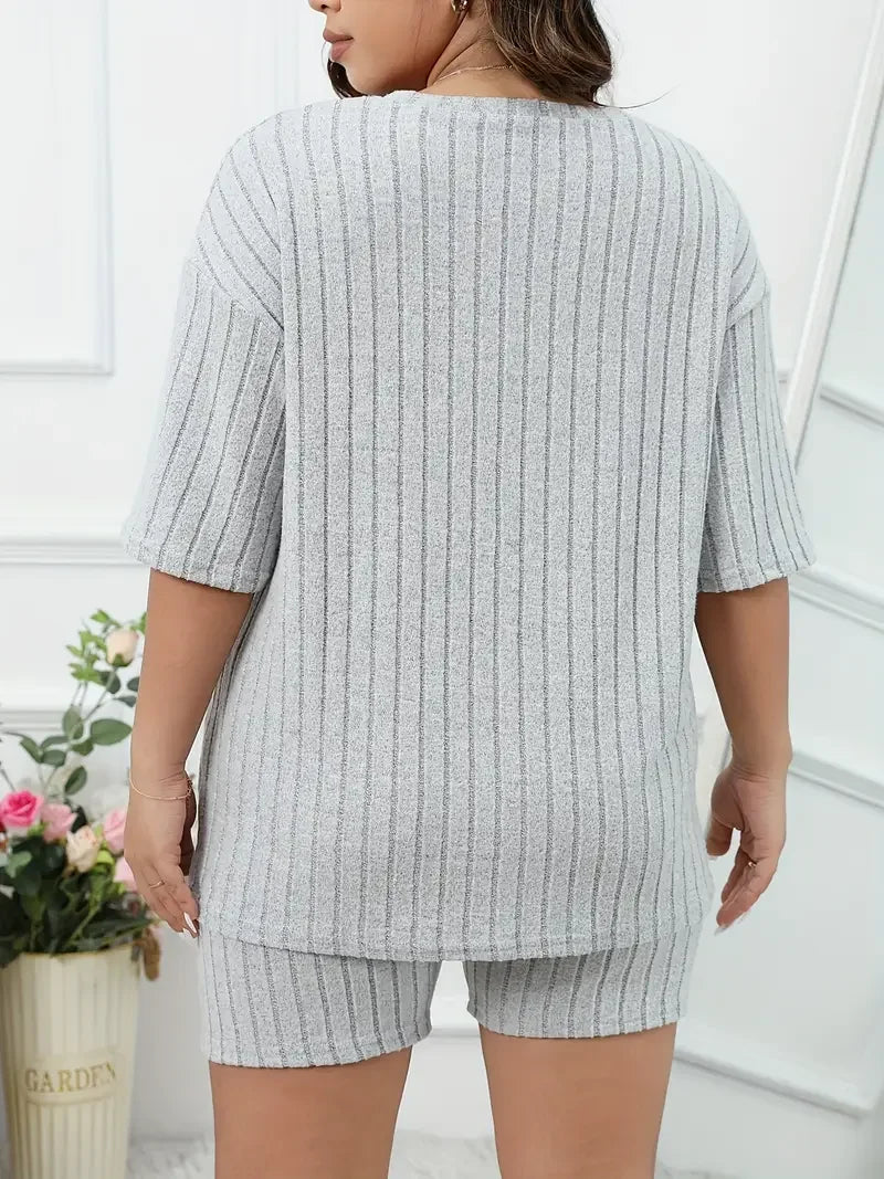 Plus Size Women's Lounge Set Top and Shorts Sets Ladies Solid Ribbed Short Sleeve Round Neck Top & Shorts Pajamas 2 Piece Set