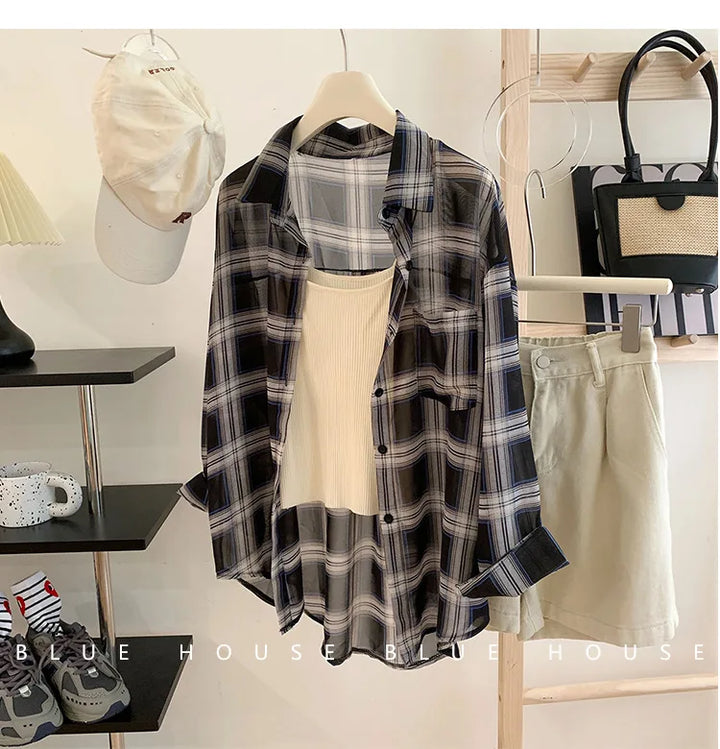 New Red Black Checkered Long Sleeve Sunscreen Shirt for Women's Spring and Autumn, Loose and Lightweight Shirt Top Outer