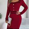 Autumn Winter Casual Elegant Square Collar Button Decoration Knitted Dress Long Sleeve Bodycon Dress for Women