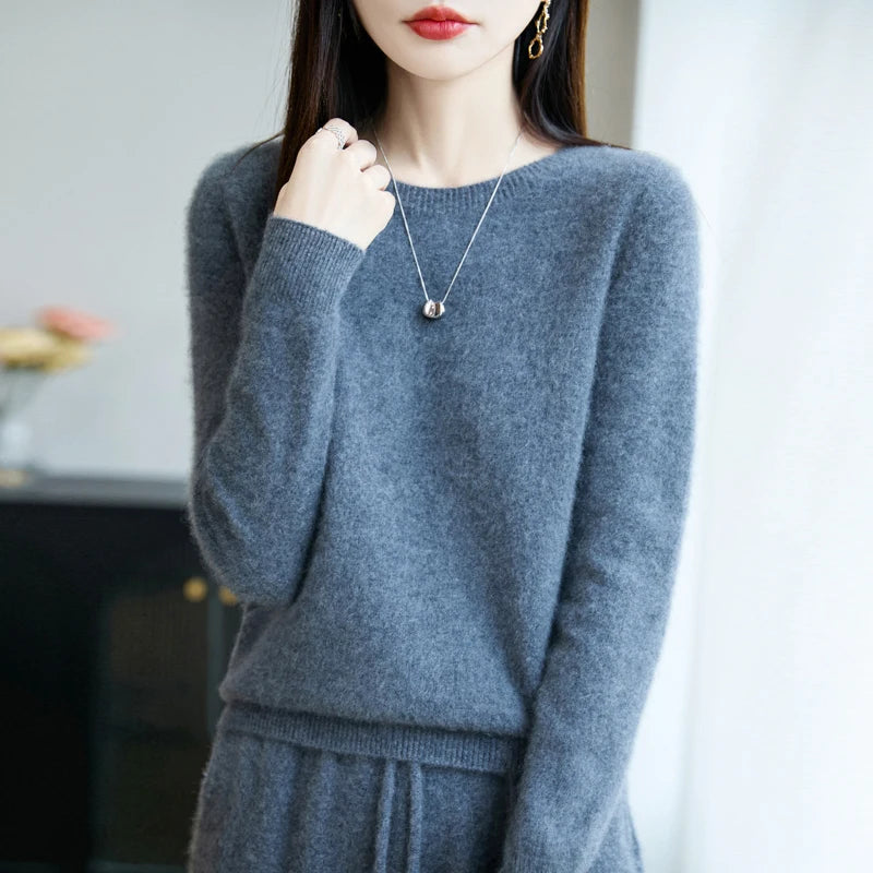 Autumn Winter Women 100% Merino Wool Sweater O-Neck Cashmere Pullover Basic Fashion Clothing Comfort Warm Top Casual Solid