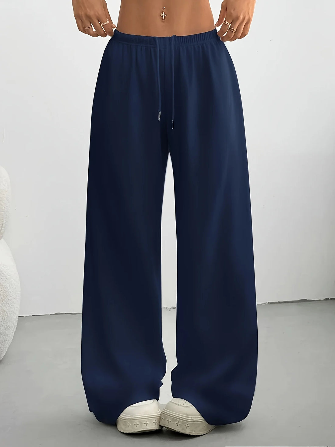 Women's Solid Color Wide Leg Pants Casual Drawstring Sweatpants with Pockets Jogging Loose Pants Relaxed Fit Style Autumn Winter
