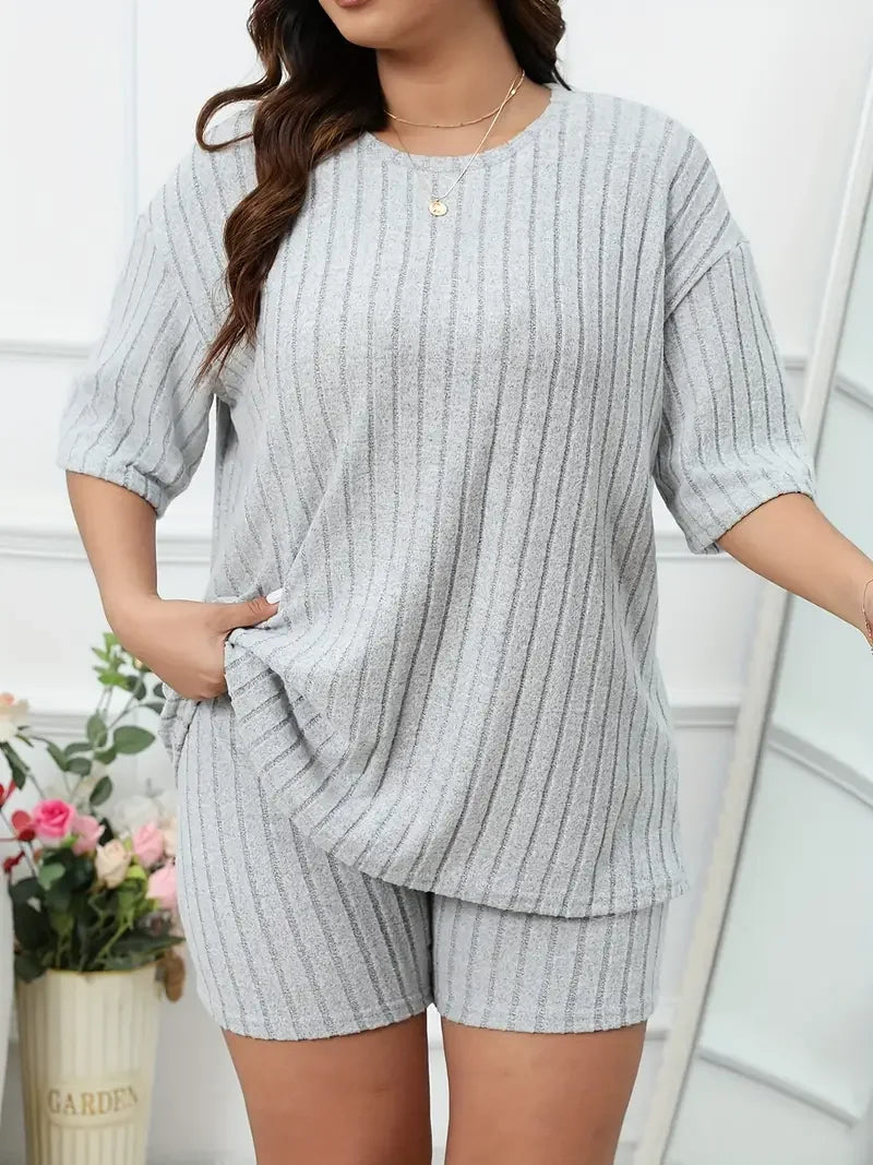 Plus Size Women's Lounge Set Top and Shorts Sets Ladies Solid Ribbed Short Sleeve Round Neck Top & Shorts Pajamas 2 Piece Set