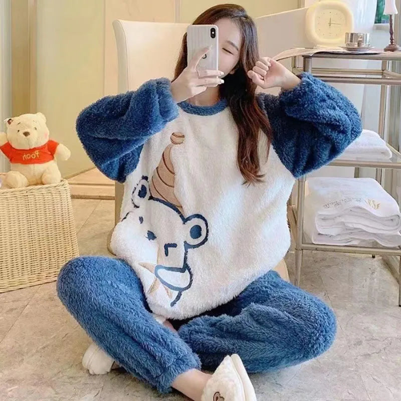 Thickened Warm Winter Flannel Ladies Pajamas Top and Pants Padded Nightwear Homewear Cartoon Bear Women's Sleepwear Loungewear