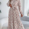 Floral Stand Up Collar Bridesmaid Dress Spring Summer Casual Elegant Long Sleeve Waist Cinched Pleated Long Dresses for Women