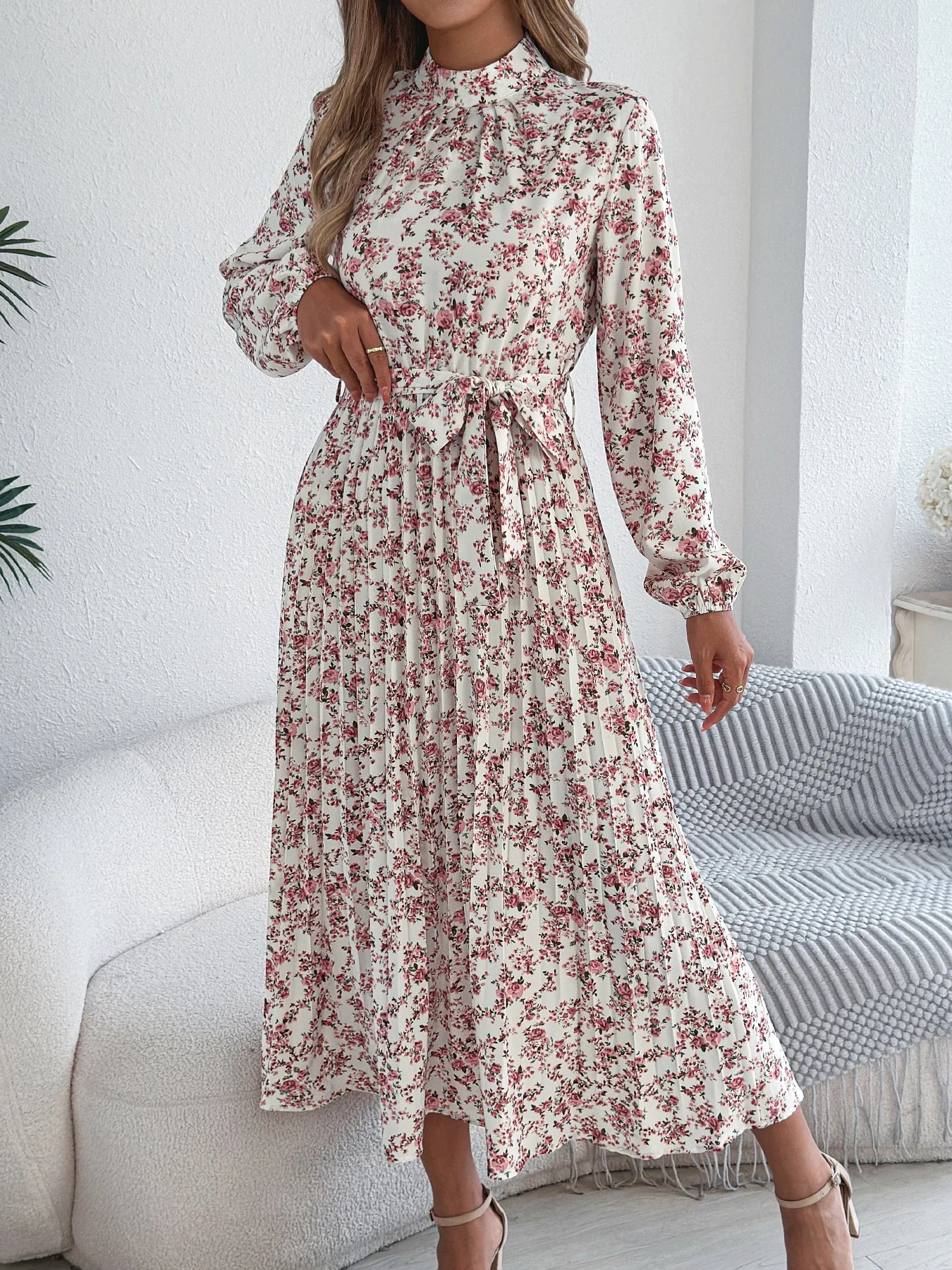 Floral Stand Up Collar Bridesmaid Dress Spring Summer Casual Elegant Long Sleeve Waist Cinched Pleated Long Dresses for Women