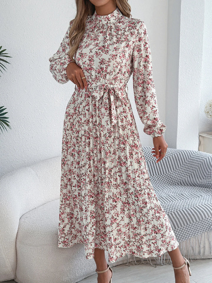Floral Stand Up Collar Bridesmaid Dress Spring Summer Casual Elegant Long Sleeve Waist Cinched Pleated Long Dresses for Women