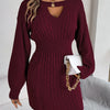 Autumn Winter Solid Color Woolen Dress O-Neck Lantern Sleeve Hollow Out Knitted Dresses for Women Fashion Casual Vestidos