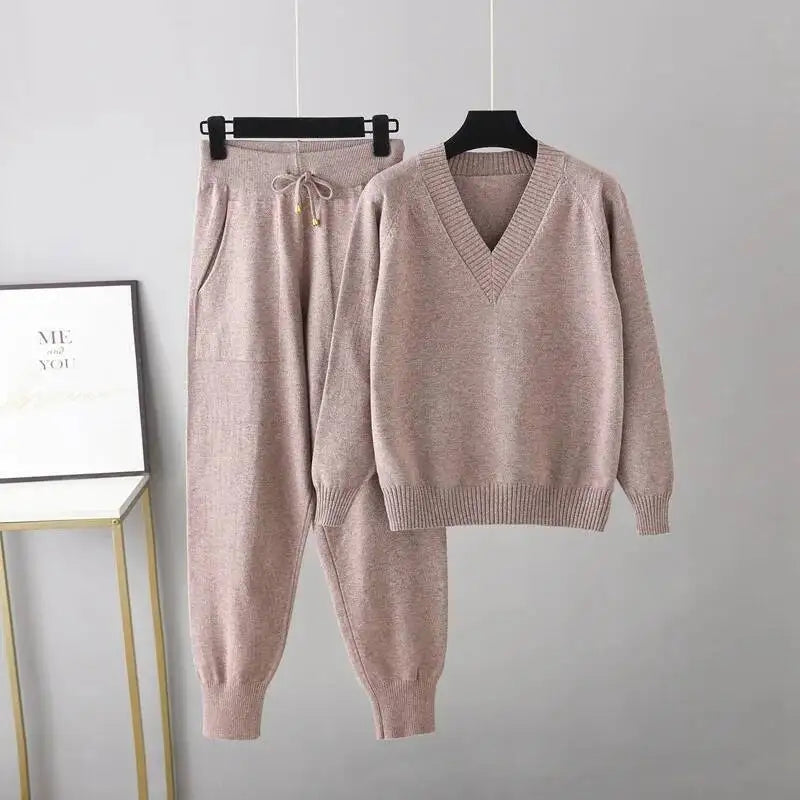 GVUW Knitted Women 2 Pieces Set Women V Neck Full Sleeve Sweater + Pencil Pants Solid Color New Female Clothing