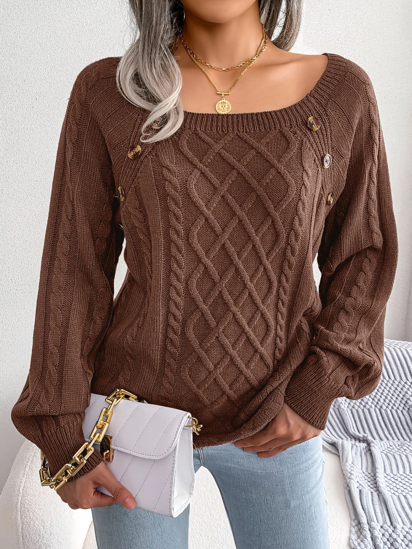Women Casual Square Collar Buttons Long Sleeve Knitted Pullover Sweaters for Autumn Winter
