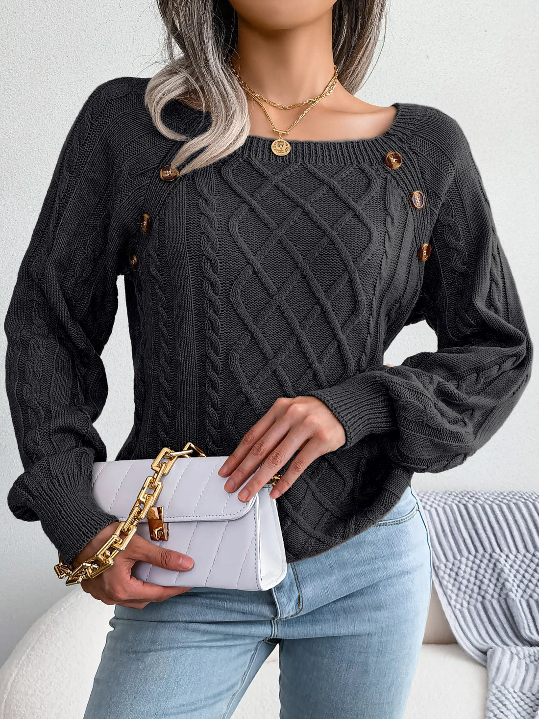Women Casual Square Collar Buttons Long Sleeve Knitted Pullover Sweaters for Autumn Winter