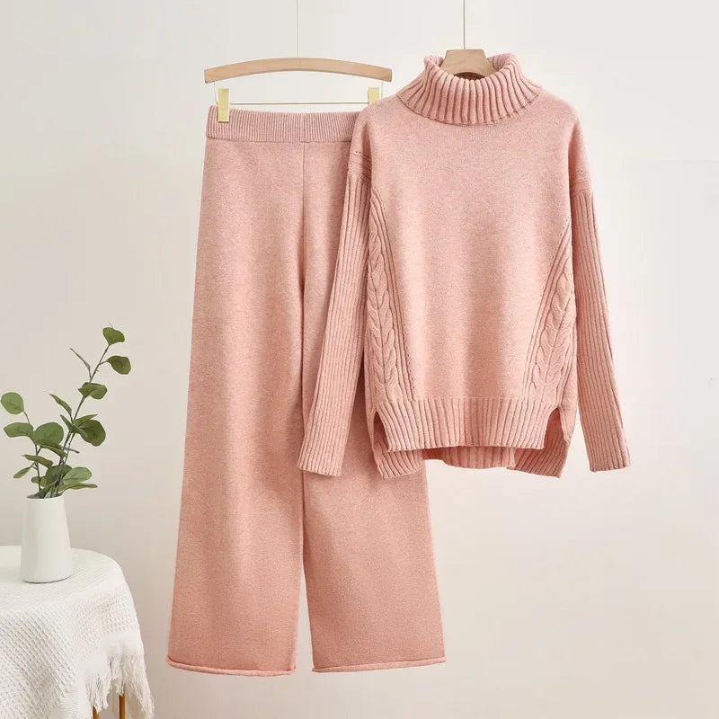 Women Turtleneck Knit Sweater Pullover Tops Conjuntos Casual Elastic Waist Sweatpants Outfit Fall Winter Knitted 2 Piece Sets