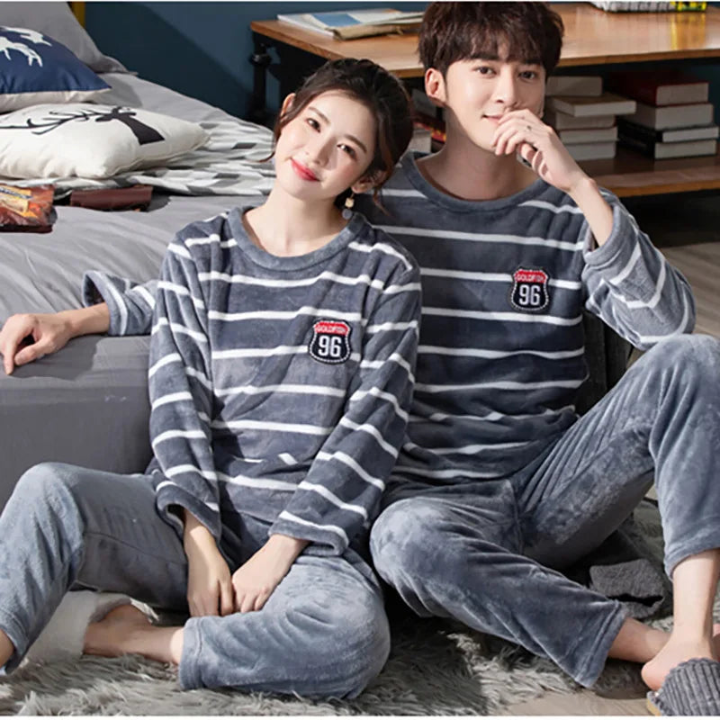 2pcs/Set Fall And Winter Coral Fleece Couple Pajamas Women's Thickened Padded Warm Facecloth Men's Home Wear Clothes top + pants