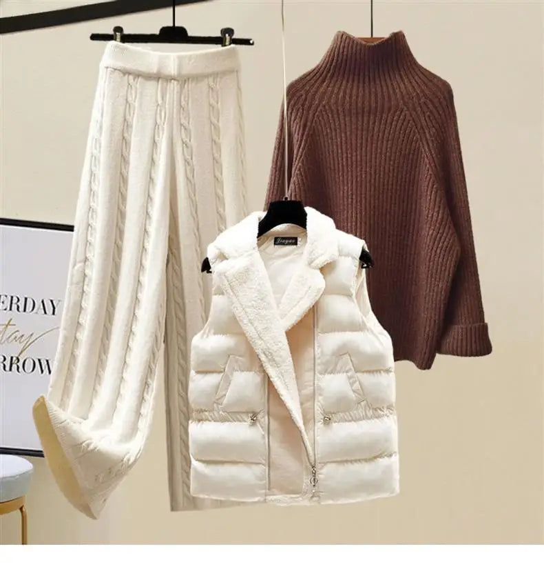 Women Sweater Suit Knitting 3 Piece Sets Cotton Vest Top Pullover Turtleneck Wide Leg Pants Tracksuit Winter Thick Outfits