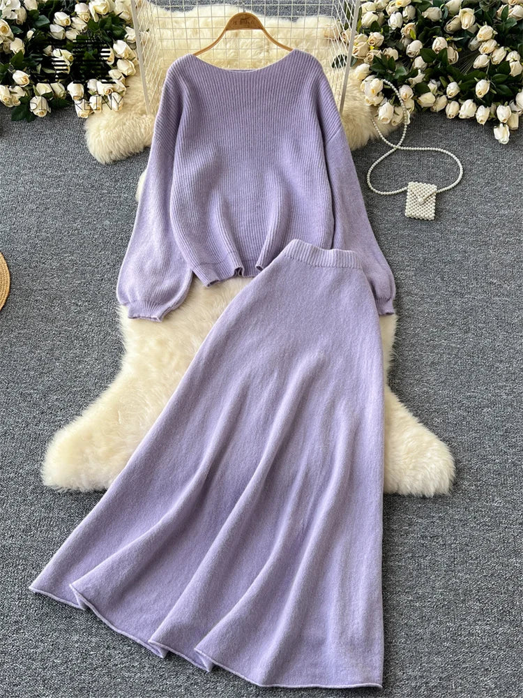 SINGREINY Gentle Korean 2pcs Suits Women Autumn Winter Loose Sweater+Elastic Waist Skirt Ladies Basics Knitting Two Pieces Sets
