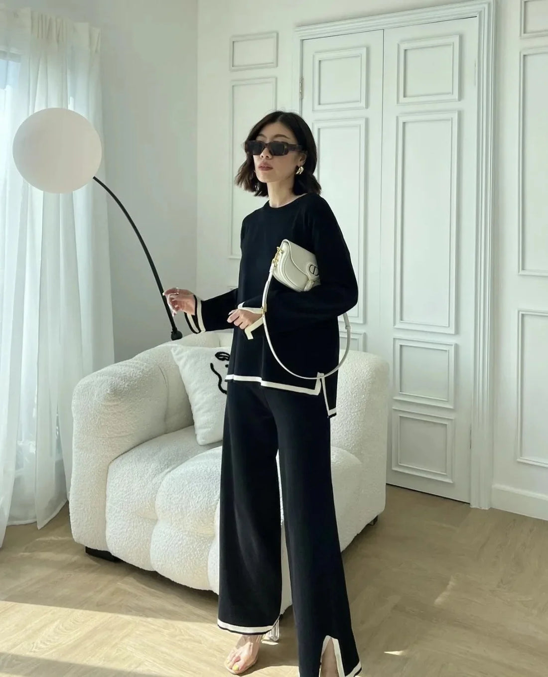 Autumn Collection Elegant Color Blocking Side Slit Long Sleeve Knitted Top High-Waisted Slimming Bell Bottom Trousers Two-P