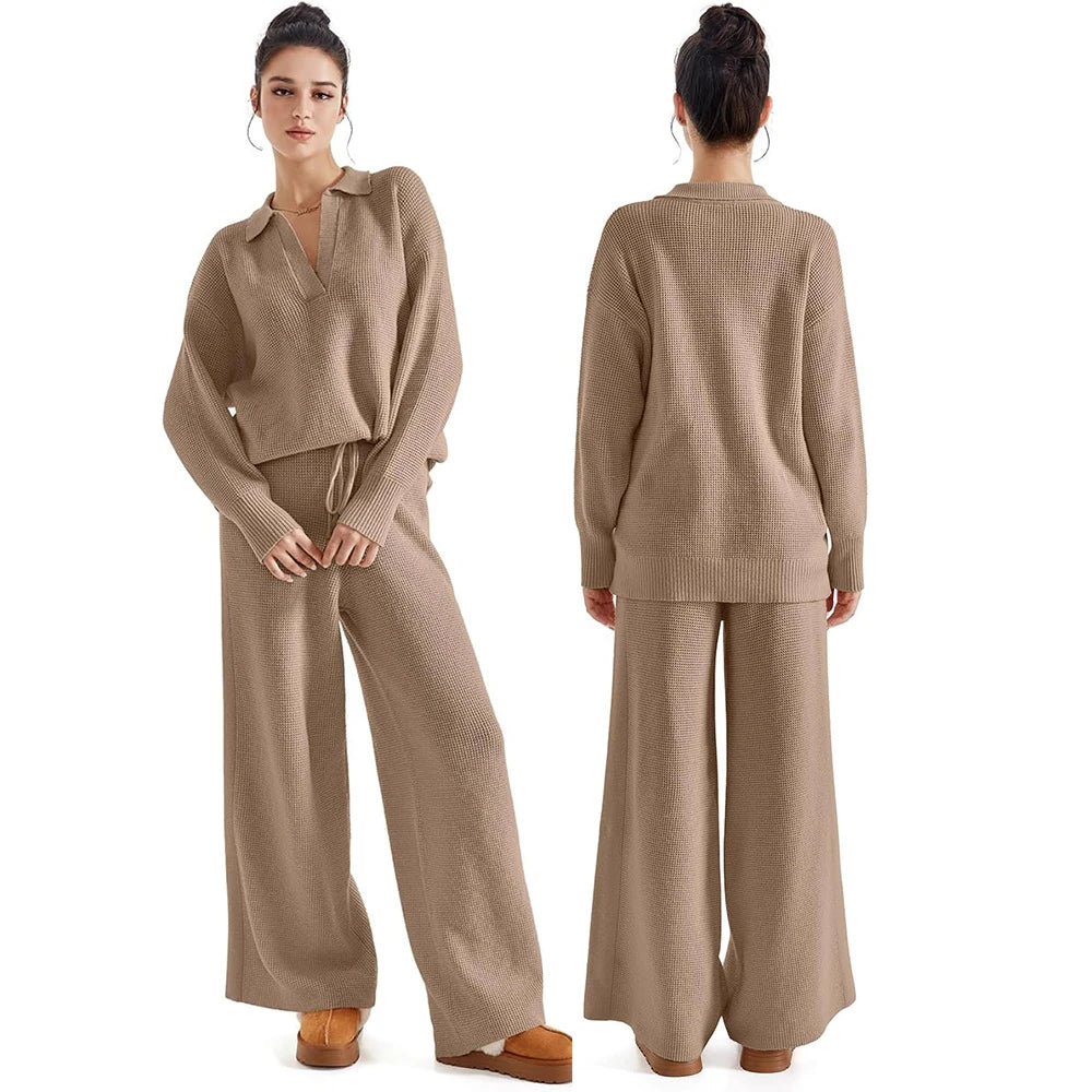 Women 2 Piece Outfits Sweater Sets Long Sleeve Knitted Pullover Tops And Wide Leg Pants Autumn Winter Loose Tracksuit Sweatsuit