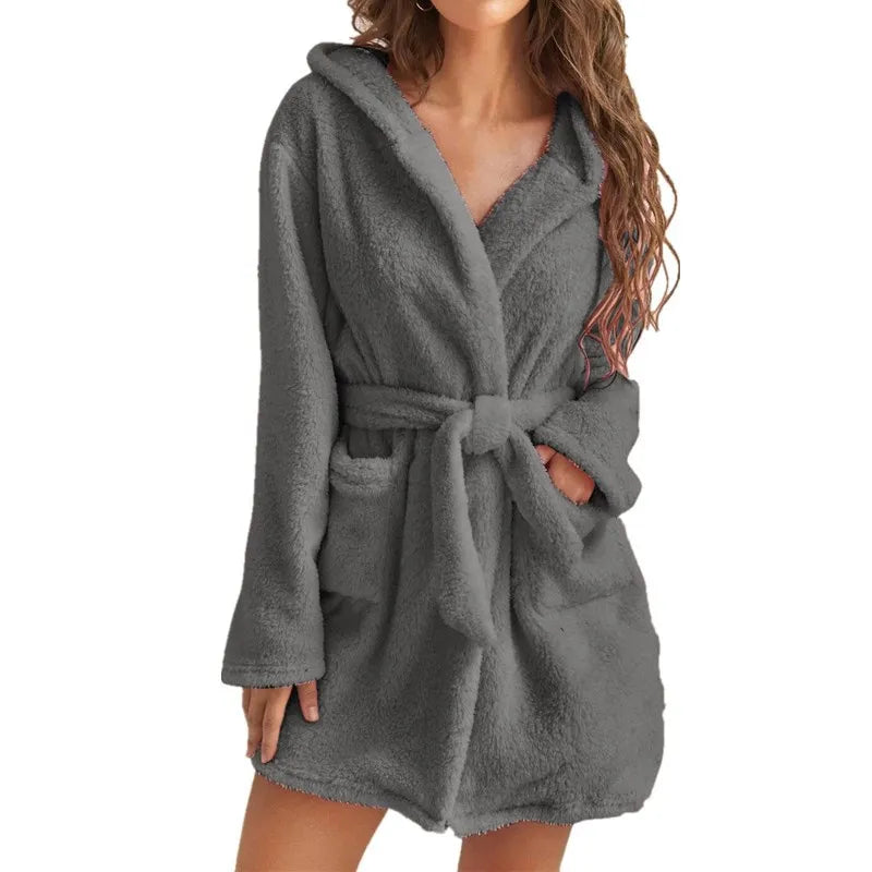 Winter Women Bath Robe Fluffy Plush Pyjamas Ladies Sexy Hooded Dressing Solid Color Gown Warm Bathrobe Female loungewear