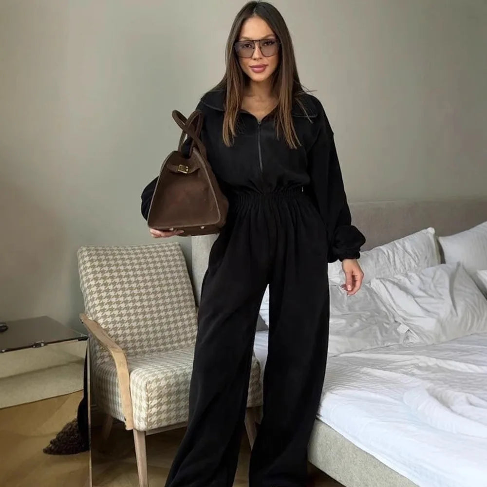 Zekye Woman Clothing New Fashion Long-sleeved Jumpsuit Women's Casual Semi-open Elastic Waist Jumpsuit Elegant Woman Jumpsuit