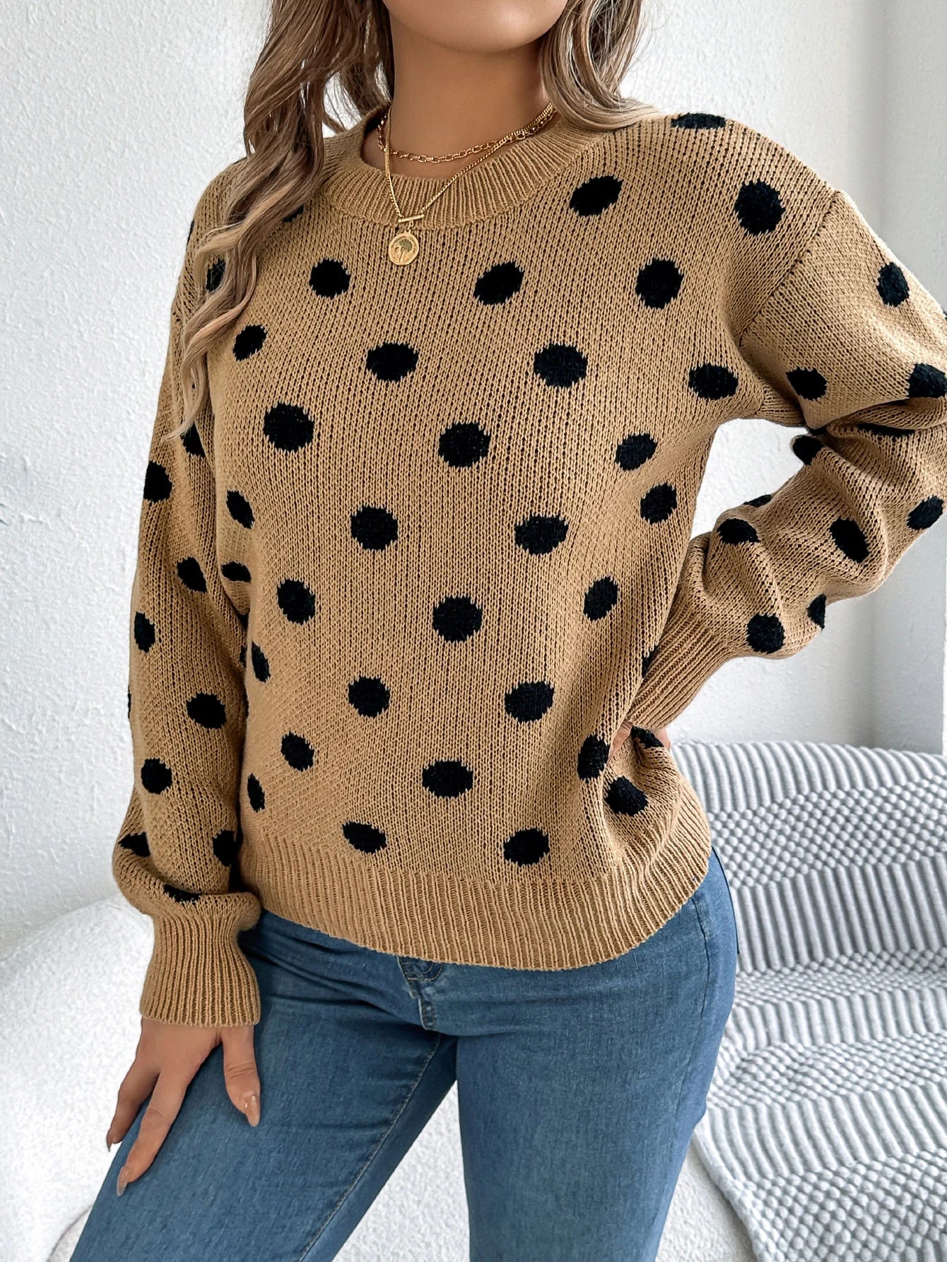 Autumn Winter Fashion Polka Dot Pattern Knitted Sweaters Women Casual Round Neck Lantern Long Sleeve Pullover